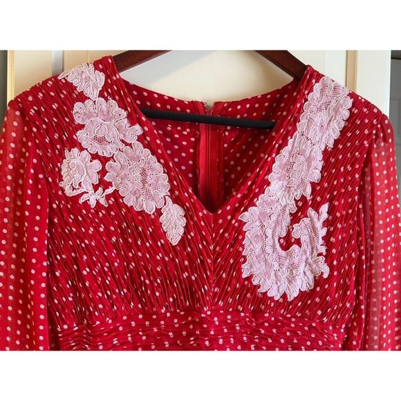 Scarlet Romance Polka Dot Ruched Drop Waist Floral applique Retro holiday Sz S/M - Picture 5 of 11